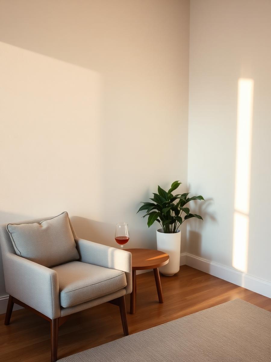 Sala de terapia com poltrona de linho e luz natural quente